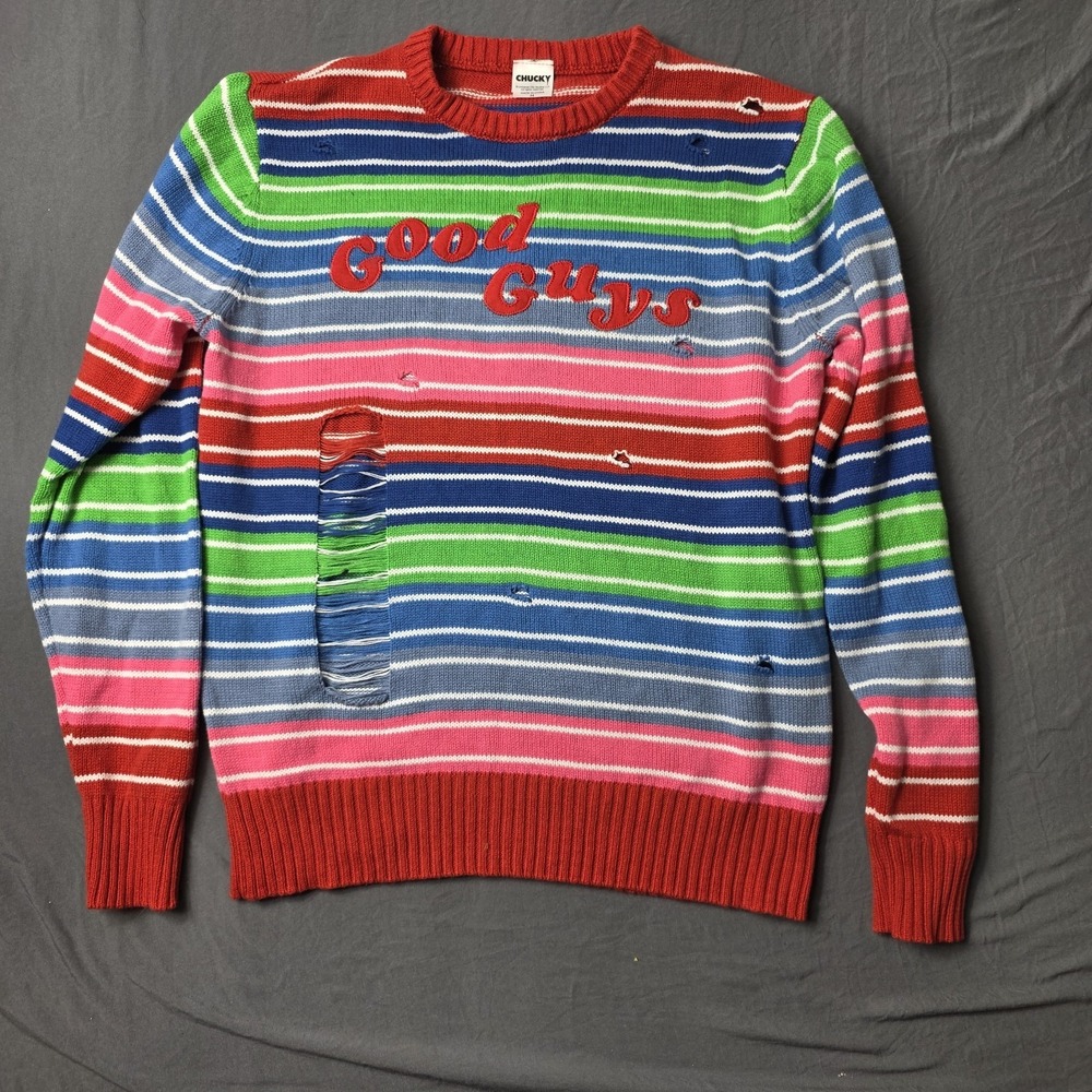 Spirit Halloween Chucky Good Guys Striped Distressed Sweater Adult M Colorblock